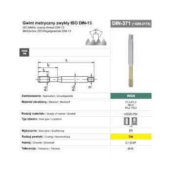 Sriegių formavimo čiaupas M10 DIN 371C (6HX) SR HSSE-PM WGN TiN