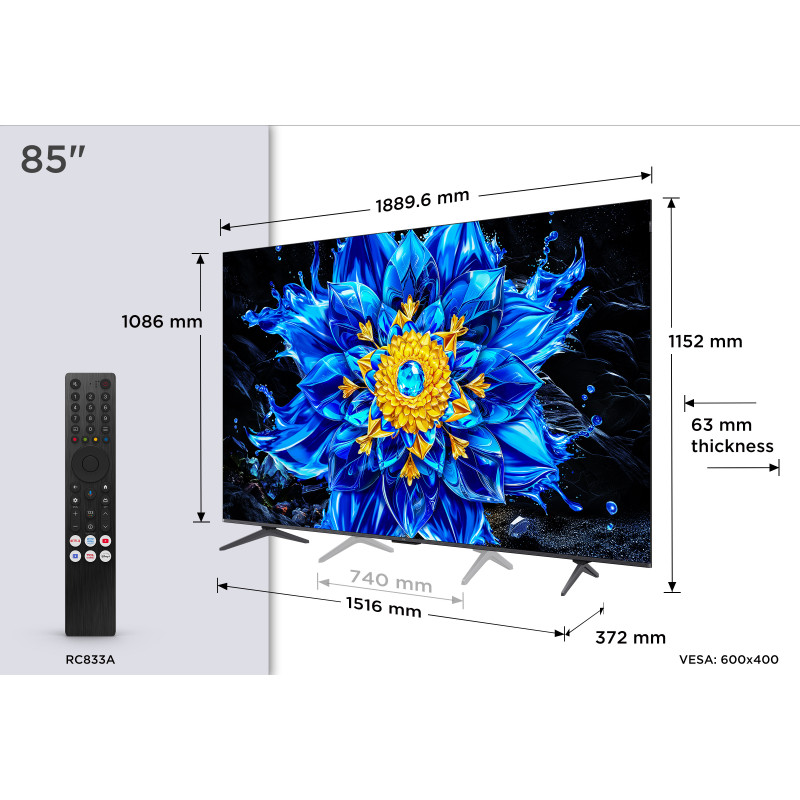 TCL 85QLED810L 85 colių 4K Ultra HD QLED Mini-LED Google TV su 144Hz ekranu, Dolby Vision IQ, Onkyo 2.1 garsu, Game Master Pro 2.0