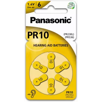Panasonic Batteries PR-230(10)/6LB Cinko-oro klausos aparatų baterijos, 10 dydis, 1,45V, 100mAh, 6 vnt. pakuotė