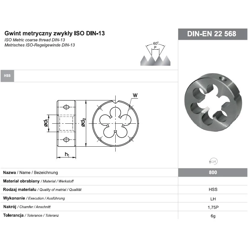 NO NAME FANAR sriegimo įvorė M16 kairysis sriegis, apvali, HSS, DIN 223, 6g, metrinė M16 x 2,0 mm, kairė ranka