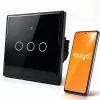 Qoltec 52713 3-jų mygtukų išmanusis jutiklinis šviesos jungiklis su Wi-Fi, laikmačiu, Tuya Smart Life, grūdintu stiklu, juodas