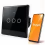 Qoltec 52713 3-jų mygtukų išmanusis jutiklinis šviesos jungiklis su Wi-Fi, laikmačiu, Tuya Smart Life, grūdintu stiklu, juodas