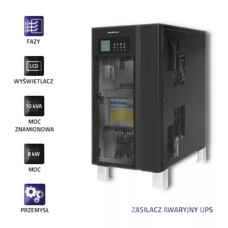 Qoltec 53948 trifazis nuolatinės dvigubos konversijos UPS 10kVA 8kW su LCD