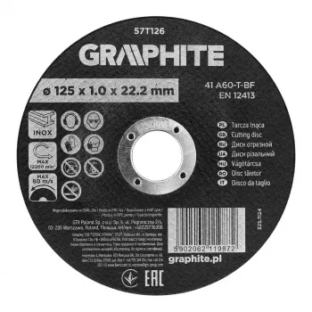 GRAPHITE 125 x 1,0 x 22,2 mm korundo pjovimo diskas metalui ir nerūdijančiam plienui, 41 A60-T-BF, 110 vnt. kartoninėje dėžėje