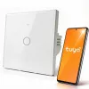 Qoltec 52715 išmanus Wi-Fi jutiklinis šviesos jungiklis, 1 kanalo, grūdintas stiklas, baltas, Tuya/Smart Life, laikmatis, balso valdymas