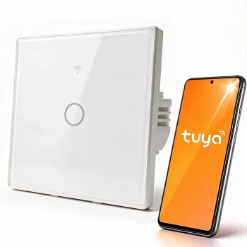 Qoltec 52715 išmanus Wi-Fi jutiklinis šviesos jungiklis, 1 kanalo, grūdintas stiklas, baltas, Tuya/Smart Life, laikmatis, balso valdymas