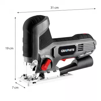 Graphite 58G078 800W švytuoklinis pjūklas su lazeriniu kreiptuvu ir LED apšvietimu, pjovimo gylis medienoje 80 mm, T-shank greitas keitimas, kampinis pjovimas 45°, aliuminio pagrindas, 3 m laidas