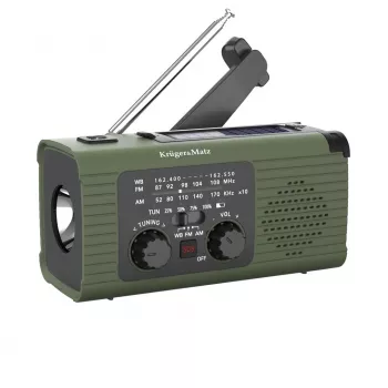 KM0836 Saulės energijos avarinis radijas su SOS signalu, 5000mAh power bank, LED žibintuvėliu ir rankine dinamo pavara, FM/AM, juodos spalvos