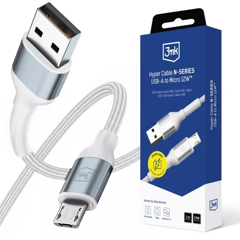 3mk Hyper Cable N-SERIES USB-A į Micro 1m 5V/2,4A 12W baltas