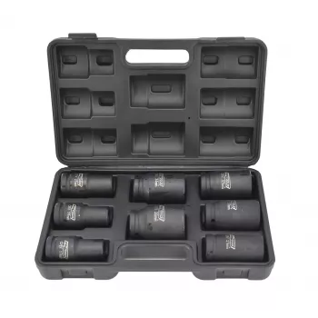 AWTOOLS AW38855 3/4 colio ilgųjų smūginių nasrų rinkinys, 8 vnt., metriniai, 24-41 mm, Cr-Mo, 6 briaunų, juodos fosfatinės, DIN 3121, su dėklu