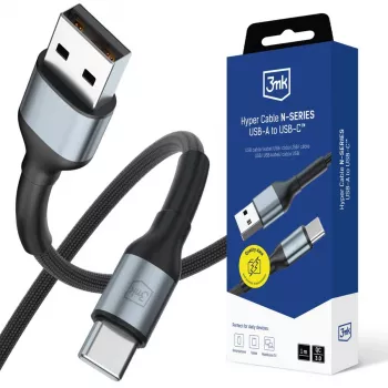 3mk Hyper Cable N-SERIES USB-A į USB-C 1m 18W QC 3.0 juoda