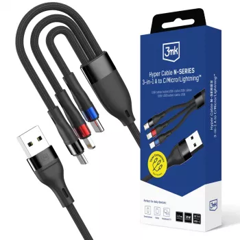 3mk Hyper Cable N-SERIES 3 in 1 USB-A į USB-C/Lightning/MicroUSB 1,2 m 9V/2A 18W juoda