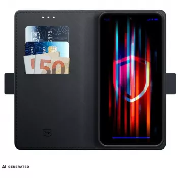 3mk Wallet Case, skirtas Samsung Galaxy A37 - juoda, PU oda su kortelių kišenėmis, grynųjų pinigų skyriumi, magnetiniu užraktu ir stovo funkcija