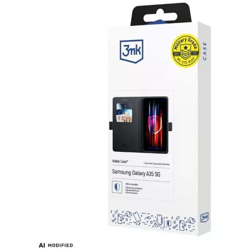 3mk Wallet Case, skirtas Samsung Galaxy A37 - juoda, PU oda su kortelių kišenėmis, grynųjų pinigų skyriumi, magnetiniu užraktu ir stovo funkcija