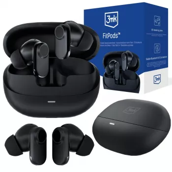 3mk FitPods BT 6.0 True Wireless ausinės su įkrovimo dėklu, Bluetooth 5.0, liečiamu valdymu, IPX4, juodos