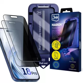 3mk Hardy Privzone 9H apsauginis stiklas privatumo filtru, skirtas Apple iPhone 18 Pro