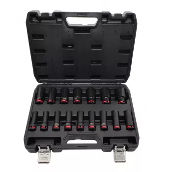 AWTOOLS 16 dalių 1/2 colio pavaros ilgų smūginių antgalių rinkinys, 10-32 mm, Cr-Mo, juodo fosfatavimo, su dėklu - Black Line