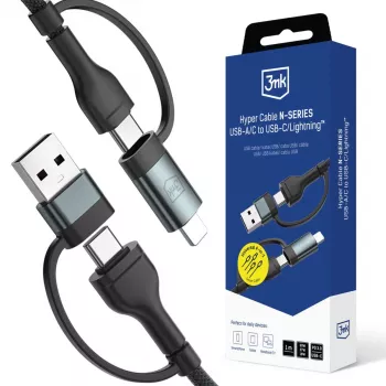 3mk Hyper Cable N-SERIES USB-A/USB-C į USB-C/Lightning 1,2 m 9V/2A 60W juoda