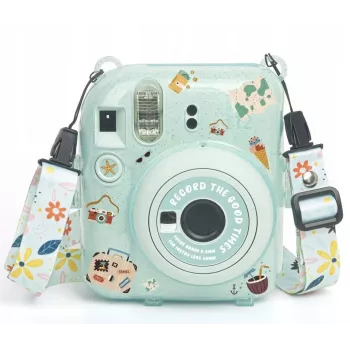 LOVEINSTANT apsauginis fotoaparato dėklas, skirtas Fujifilm Instax Mini 12, su lipdukais ir nuotraukų kišene - žalias blizgučiais