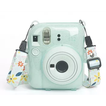 LOVEINSTANT apsauginis fotoaparato dėklas, skirtas Fujifilm Instax Mini 12, su lipdukais ir nuotraukų kišene - žalias blizgučiais