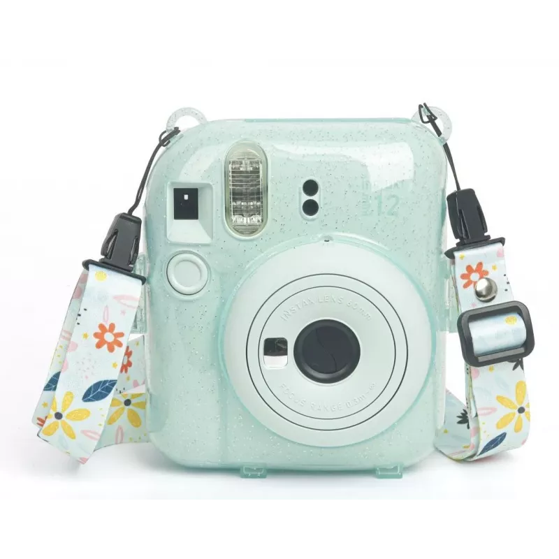 LOVEINSTANT apsauginis fotoaparato dėklas, skirtas Fujifilm Instax Mini 12, su lipdukais ir nuotraukų kišene - žalias blizgučiais