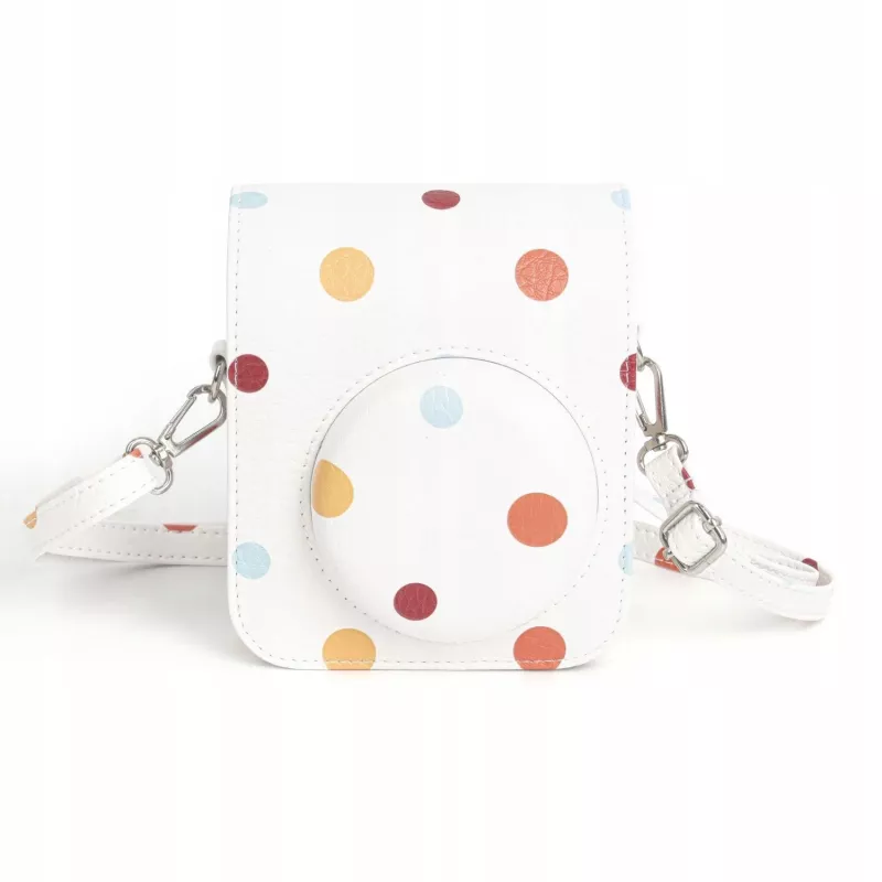 LOVEINSTANT Polka Dot PU odos dėklas, skirtas Fujifilm Instax Mini 12, su nuimamu dirželiu ir magnetiniu užsegimu
