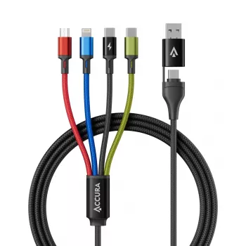 Accura 8-in-1 kelių įrenginių įkrovimo laidas USB-A/USB-C į 2x USB-C, Lightning, Micro USB, 3.0A, 1,2m, juodos spalvos