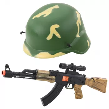 LEAN TOYS Military Set 24813 - žaislinis šautuvas su garsu, šalmas ir aksesuarai