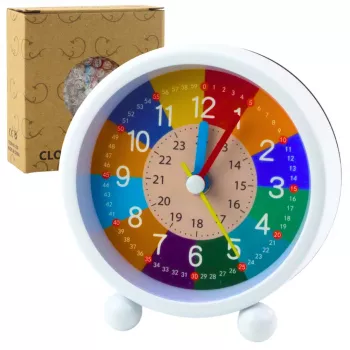 LEAN TOYS vaikų mokomasis žadintuvas - mėlynas analoginis kvarcinis su tyliąja rodykle, mokomuoju ciferblatu su minutėmis ir sekundėmis, snaudimo funkcija ir foniniu apšvietimu, 9 cm