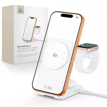 TECH-PROTECT A56 3-in-1 magnetinis MagSafe belaidis įkroviklis 25W Qi2.2 baltas