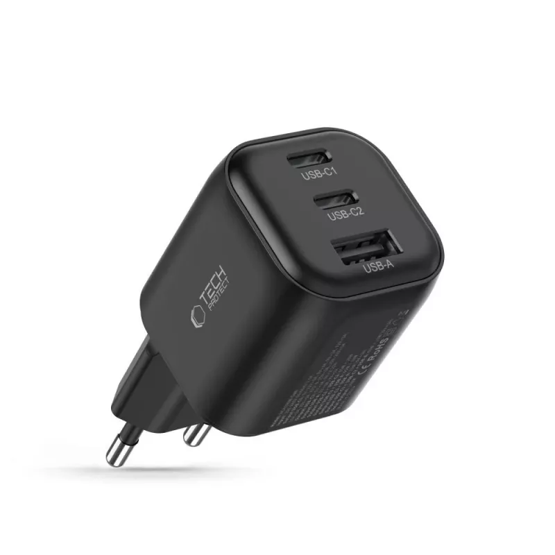 TECH-PROTECT NCA100W-GaN 3 prievadų GaN sieninis įkroviklis 100W PD 3.2 / QC3.0 juodas