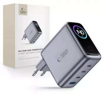 TECH-PROTECT POWERVISION NC140W-GaN 4 prievadų tinklo įkroviklis PD 140W / QC3.0 tamsiai pilkas