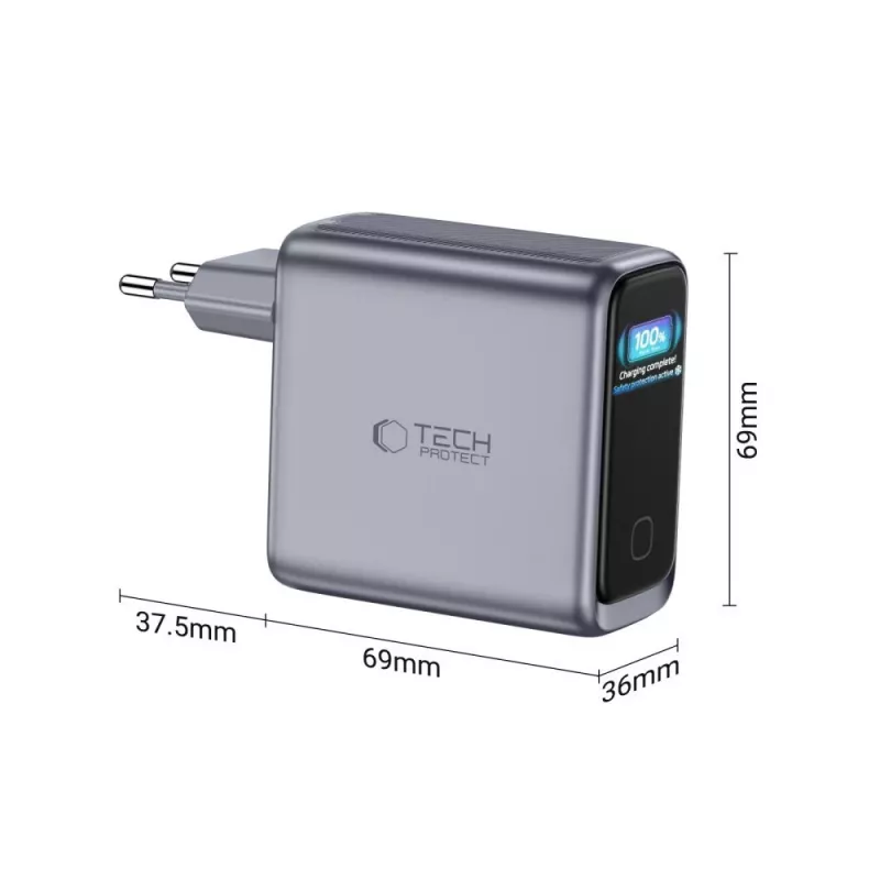 TECH-PROTECT POWERVISION NC140W-GaN 4 prievadų tinklo įkroviklis PD 140W / QC3.0 tamsiai pilkas