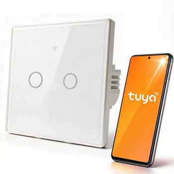 Qoltec 2 kanalų jutiklinis išmanusis šviesos jungiklis Wi-Fi Tuya Smart Life grūdintas stiklas baltas