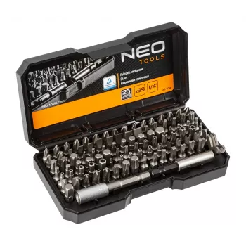 NEO TOOLS 99 dalių atsuktuvų antgalių rinkinys su rankena, S2 plienas, 1/4 inch šešiakampis