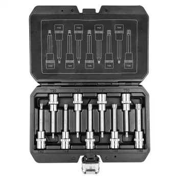 NEO TOOLS 9 dalių Torx lizdinių antgalių rinkinys, 1/2 colio pavara, 100 mm ilgio, chromvanadis, dydžiai T20-T60