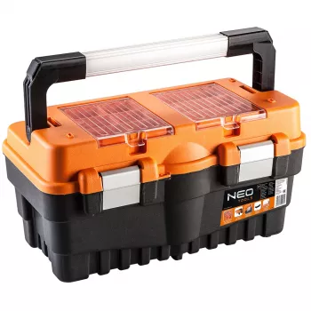 NEO TOOLS 18 colių įrankių dėžė TOP-84-102 | Kantelio tipo 2 padėklų organizatorius su metaliniais užraktais