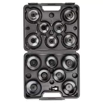 NEO TOOLS Alyvos filtro raktų rinkinys 16 dalių (65-100 mm, 3/8 colio pavara, puodelio tipo, daugiakraštis, plienas, dėklas)