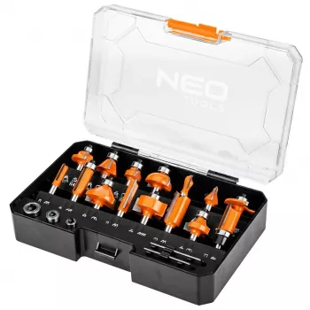 NEO TOOLS 15 dalių volframo karbido frezų rinkinys su 8 mm kotu medinėje dėžutėje