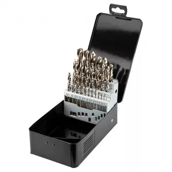 NEO TOOLS 25 vnt. HSS-Co kobalto grąžtų rinkinys metalui, 1,0–13,0 mm, pilnai šlifuoti, 135° perskeltas antgalis, DIN 338, metalinis dėklas