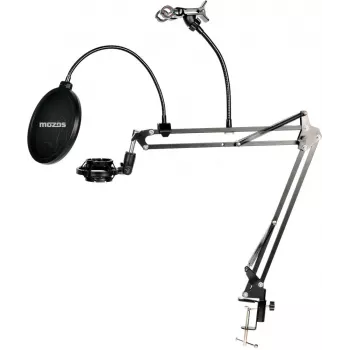 MOZOS MKIT-DESK Mikrofono priedų rinkinys su svirtimi, pop filtru, amortizatoriumi, vėjo gaubtu, stalo spaustuku ir raiščiais - juoda