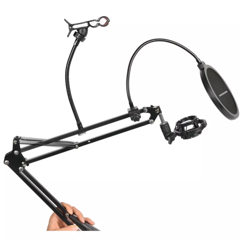 MOZOS MKIT-DESK Mikrofono priedų rinkinys su svirtimi, pop filtru, amortizatoriumi, vėjo gaubtu, stalo spaustuku ir raiščiais - juoda