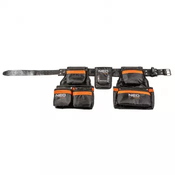 NEO TOOLS 84-330 profesionalus diržas įrankiams su 12 kišenių, tvirtas poliesteris, greito atsegimo sagtimi, reguliuojamas 80-120 cm, juodas/pilkas