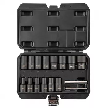 NEO TOOLS 1/2 colio pavaros pažeistų veržlių ir varžtų ištraukimo lizdų rinkinys, 16 dalių, chromo vanadžio, metrinis 8-27 mm, su perforatoriumi ir prailginimo strypu