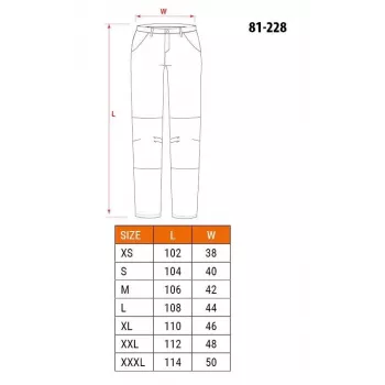 NEO Tools 81-228-XXL apsauginės darbo kelnės, pilkos/juodos, XXL, 65% poliesteris 35% medvilnė, 267 g/m², 10 kišenių, sustiprinti keliai