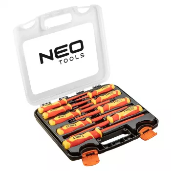 NEO TOOLS 04-142 1000V izoliuotų atsuktuvų rinkinys, 9 vnt., VDE sertifikuotas, plokšti, Phillips, Pozidriv, įtampos testeris, ergonomiškos bi-material rankenos