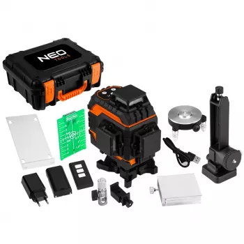 NEO TOOLS 75-140 3D lazerinis nivelyras, 12 žalių linijų, 3 x 360°, įkraunamas, su nešiojimo dėklu, taikinio plokšte, magnetiniu laikikliu, įkrovikliu