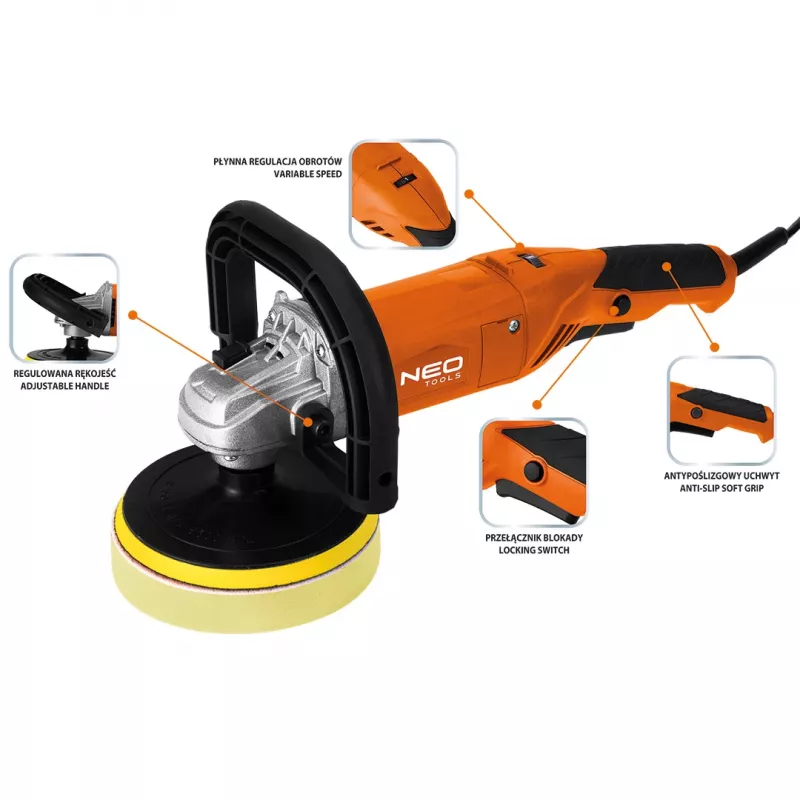 NEO TOOLS 04-701 Rotacinis poliruoklis 900W 150mm su reguliuojamu greičiu ir minkštu startu