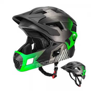 Rockbros TS-61 vaikiškas transformuojamas dviračio šalmas su nuimamu smakro apsaugu, žalias, S dydis (48-54 cm)
