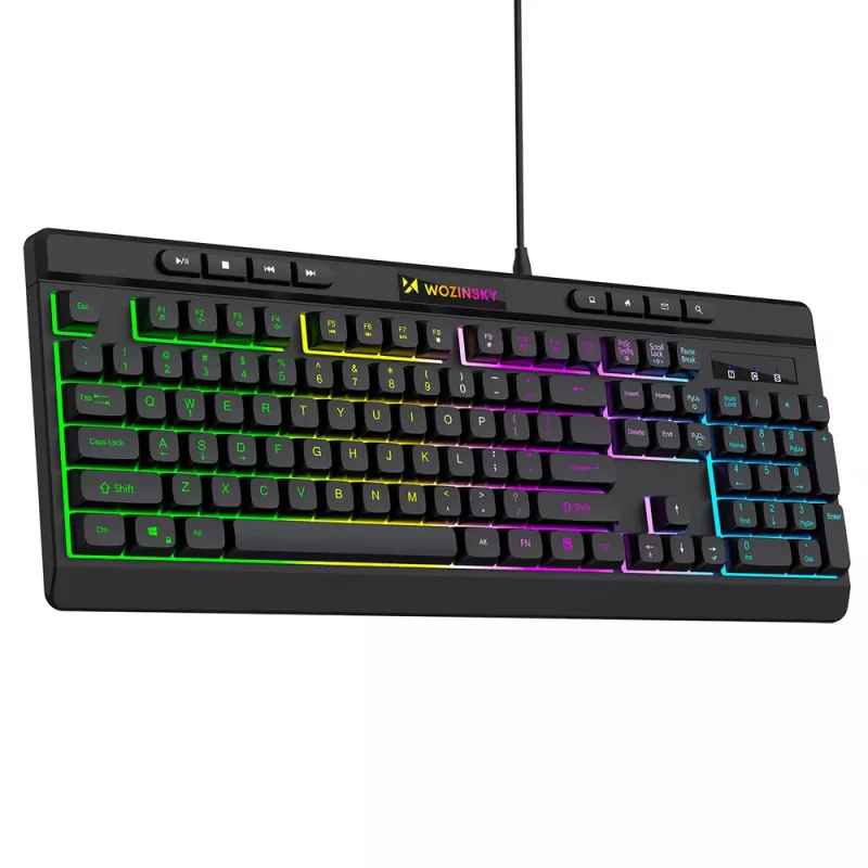 Wozinsky WKG-1044 laidinė žaidimų klaviatūra, membraninė, RGB foninis apšvietimas, juoda, pilno dydžio išdėstymas, USB-A, 104 klavišai, Anti-Ghosting